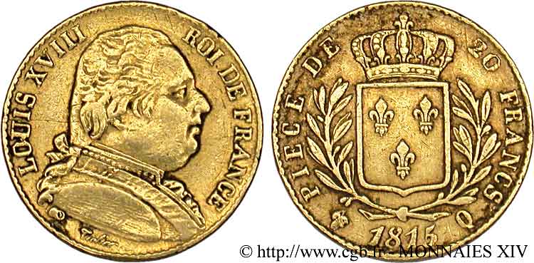 20 francs or Louis XVIII, buste habillé 1815 Perpignan F.517/16 TTB 