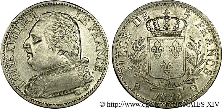 5 francs Louis XVIII, buste habillé 1815 Perpignan F.308/28 BB 