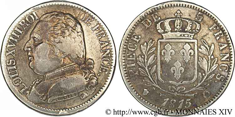 5 francs Louis XVIII, buste habillé 1815 Perpignan F.308/28 BC 