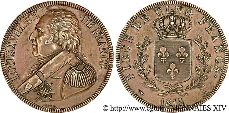 Essai de 5 Francs de Droz, 2e type en cuivre 1815 Paris VG.2445  EBC 
