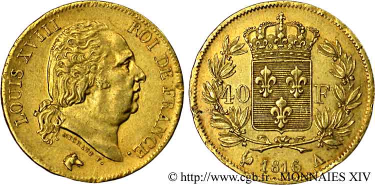 40 francs or Louis XVIII 1816 Paris F.542/1 MBC 