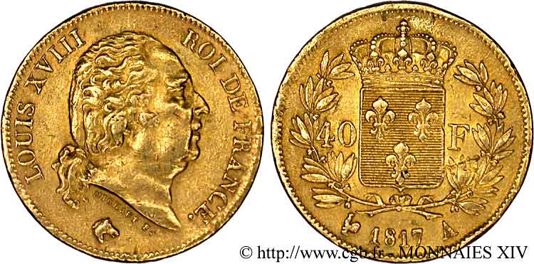 40 francs or Louis XVIII 1817 Paris F.542/6 MBC 