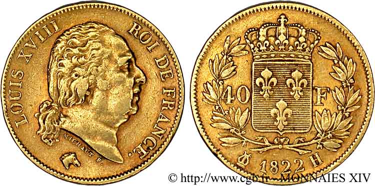40 francs or Louis XVIII 1822 La Rochelle F.542/12 SS 