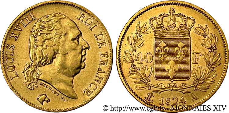 40 francs or Louis XVIII 1824 Paris F.542/16 BB 
