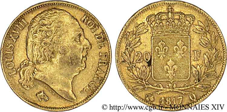 20 francs or Louis XVIII, tête nue 1817 Perpignan F.519/8 MBC 