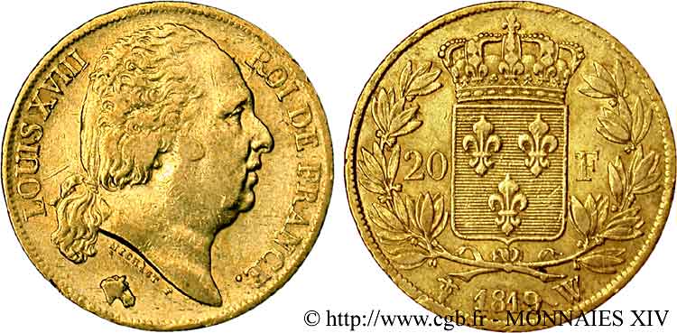 20 francs or Louis XVIII, tête nue 1819 Lille F.519/18 BB 