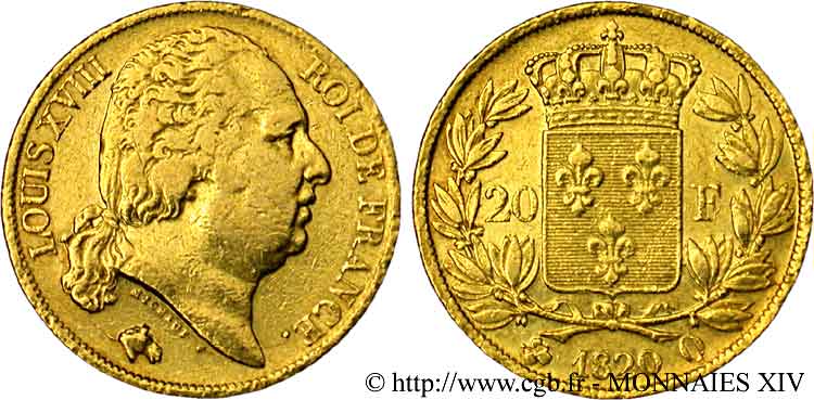 20 francs or Louis XVIII, tête nue 1820 Perpignan F.519/21 MB 