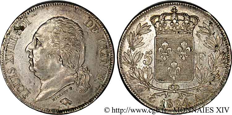 5 francs Louis XVIII, tête nue 1824 Paris F.309/88 VZ 