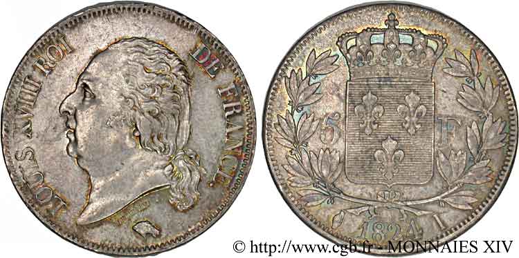 5 francs Louis XVIII tête nue 1824 Limoges F.309/92 SPL 