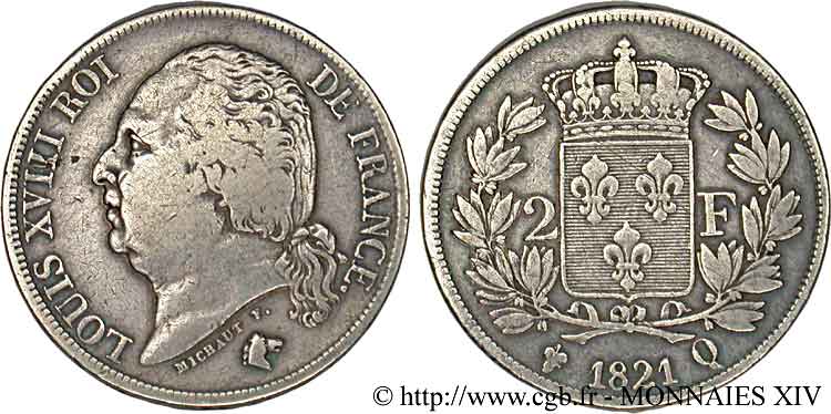 2 francs Louis XVIII 1821 Perpignan F.257/34 VF 