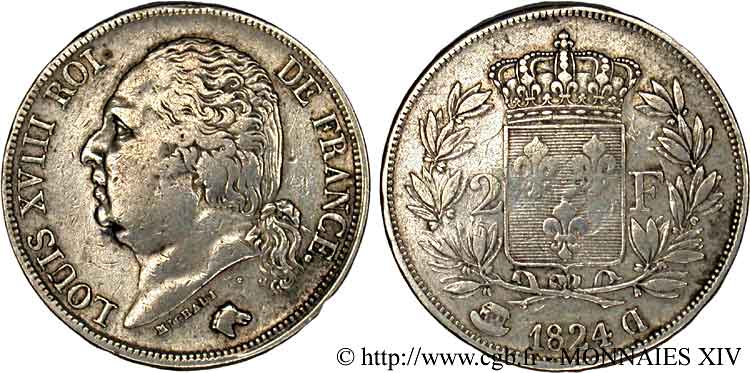 2 francs Louis XVIII 1824 Lyon F.257/54 BC 
