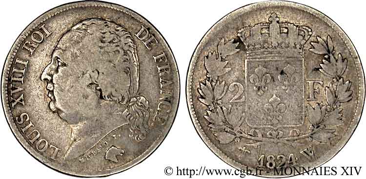 2 francs Louis XVIII 1824 Lille F.257/62 VF 