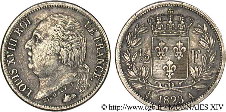 1/2 franc Louis XVIII 1823 Paris F.179/34 MBC 