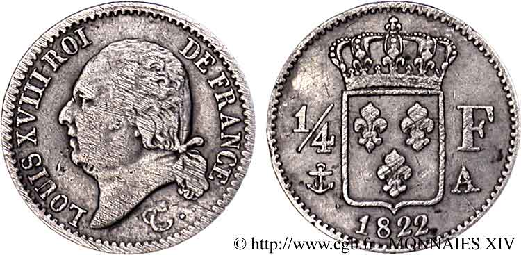 1/4 franc Louis XVIII 1822 Paris F.163/21 BB 