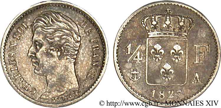 1/4 franc Charles X 1827 Paris F.164/10 SS 