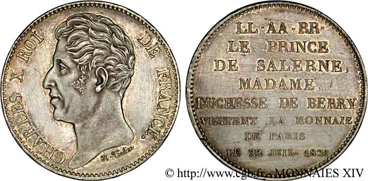 Monnaie de visite au module de 5 francs pour le Prince de Salerne et la Duchesse de Berry à la Monnaie de Paris 1825  VG.2629   MS 