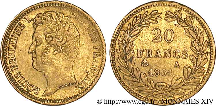 20 francs or Louis-Philippe, Tiolier, tranche inscrite en creux 1831 Paris F.524/2 TTB 
