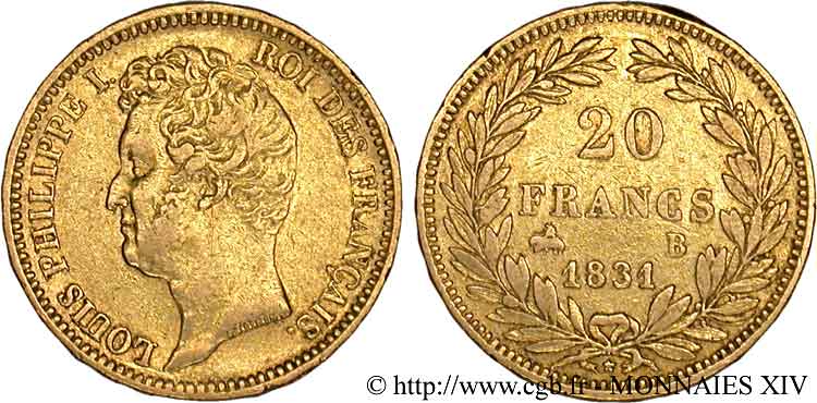 20 francs or Louis-Philippe, Tiolier, tranche inscrite en relief 1831 Rouen F.525/3 XF 