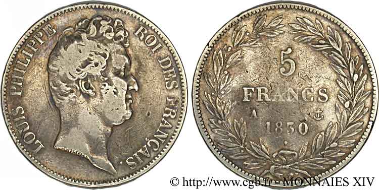 5 francs type Tiolier sans le I, tranche en creux 1830  Paris F.313/1 S 