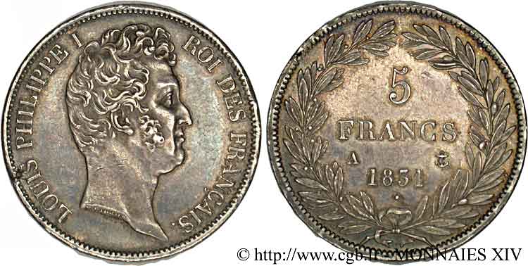 5 francs type Tiolier avec le I, tranche en creux 1831 Paris F.315/14 SUP 