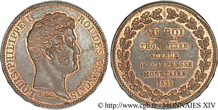 Essai module de 5 francs en cuivre 1833 Paris VG.2836  SUP 