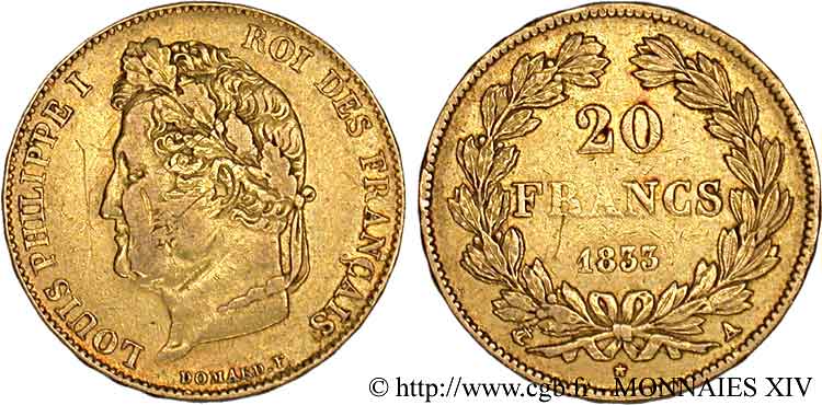 20 francs Louis-Philippe, Domard 1833 Paris F.527/4 SS 