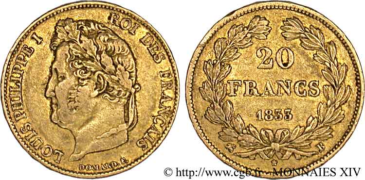 20 francs Louis-Philippe, Domard 1833 Rouen F.527/5 XF 