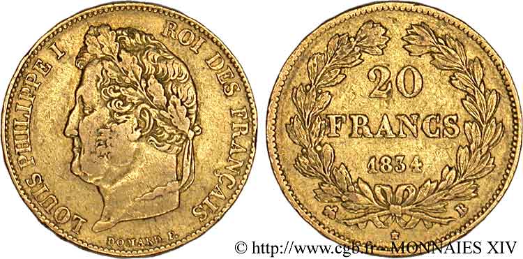 20 francs Louis-Philippe, Domard 1834 Rouen F.527/8 XF 