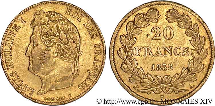 20 francs Louis-Philippe, Domard 1838 Paris F.527/18 BB 