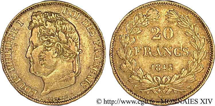 20 francs Louis-Philippe, Domard 1843 Lille F.527/30 XF 