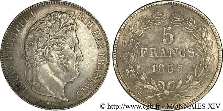 5 francs, IIe type Domard 1835 Lyon F.324/45 XF 