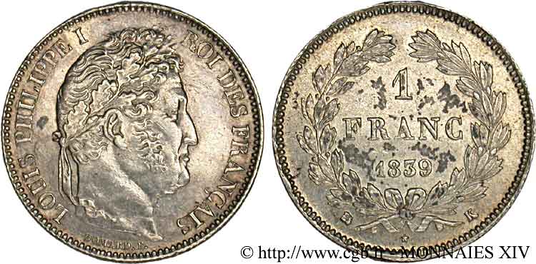 1 franc Louis-Philippe, couronne de chêne 1839 Bordeaux F.210/71 VZ 