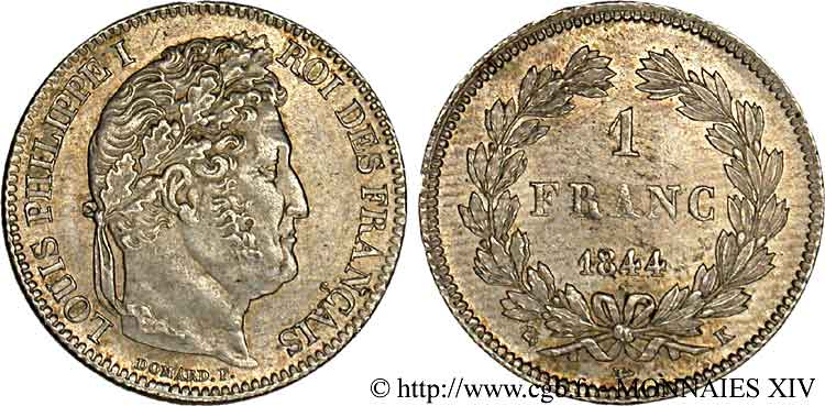 1 franc Louis-Philippe, couronne de chêne 1844 Bordeaux F.210/98 EBC 