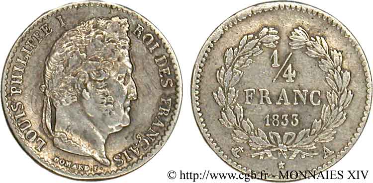 1/4 franc Louis-Philippe 1833 Paris F.166/30 XF 