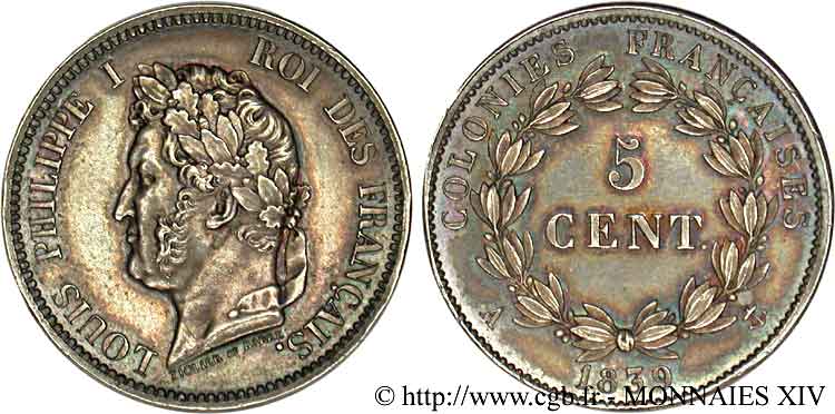 LOUIS-PHILIPPE Ier 5 centimes pour les colonies 1839 Paris SUP 