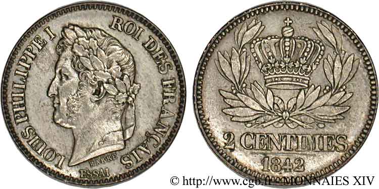 Essai de 2 centimes en bronze argenté 1842 Paris VG.2935 var. AU 