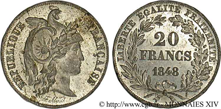 Concours de 20 francs, essai de Alard 1848 Paris VG.3014 var. SUP 