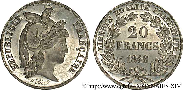 Concours de 20 francs, essai de Alard 1848 Paris VG.3014 var. SPL 