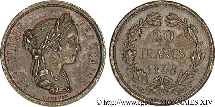 Concours de 20 francs, piéfort de Boivin 1848 Paris VG.3017 var. SUP 