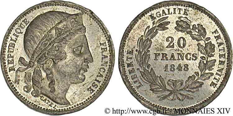 Concours de 20 francs, essai de Catel 1848 Paris VG.3020 var. VZ 