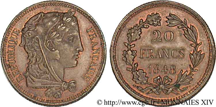 Concours de 20 francs, piéfort de Gayrard 1848 Paris VG.3025 var. SUP 