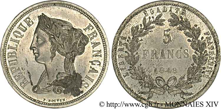 Concours de 5 francs, essai de Boivin 1848 Paris VG.3062 var. SPL 