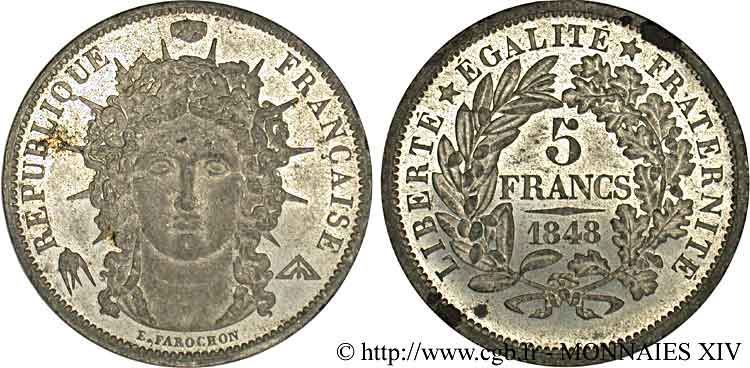 Concours de 5 francs, essai de Farochon, deuxième concours 1848 Paris VG.3073 var. VZ 