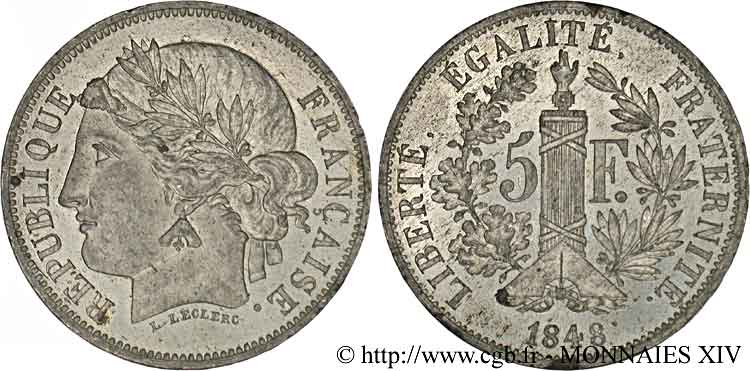 Concours de 5 francs, essai de Leclerc 1848 Paris VG.3080 var. AU 