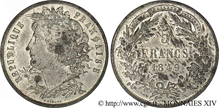 Concours de 5 francs, essai de Malbet 1849 Paris VG.3083 var. VZ 