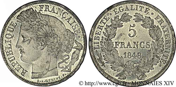 Concours de 5 francs, essai d’Oudiné 1848 Paris VG.3089 var. SUP 