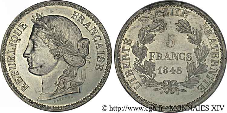 Concours de 5 francs, essai de Reynaud 1848 Paris VG.3090 var. SPL 
