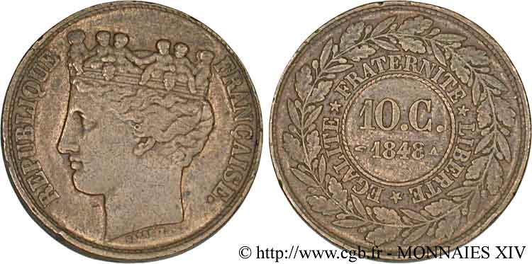 Concours de 10 centimes, essai de Barre 1848 Paris VG.3131  XF 