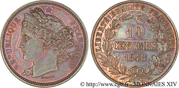 Concours de 10 centimes, essai de Domard 1848 Paris VG.3138 var. SPL 