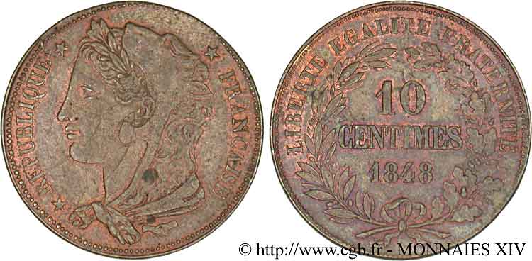 Concours de 10 centimes, essai de Gayrard, deuxième concours 1848 Paris VG.3142 var. VZ 